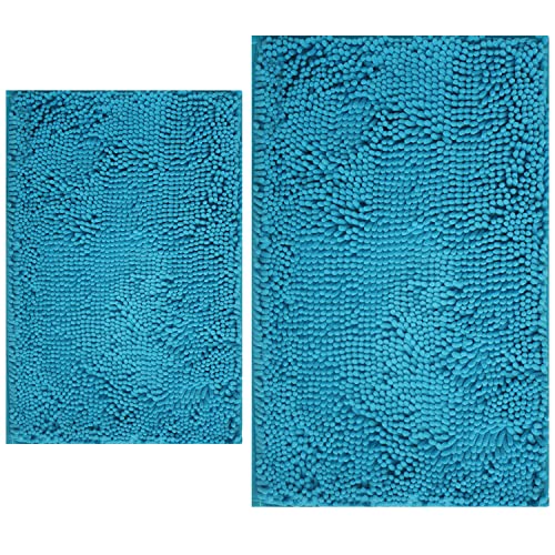 Image of BOANKODU Bathroom Rugs Sets 2 Piece, Extra Soft Chenille Bath Mat Absorbent Bathroom Rug, Bathroom Mat with Non-Slip Bottom, Machine Washable Bath Rugs (32x20 Inch + 24x16 Inch, Turquoise)