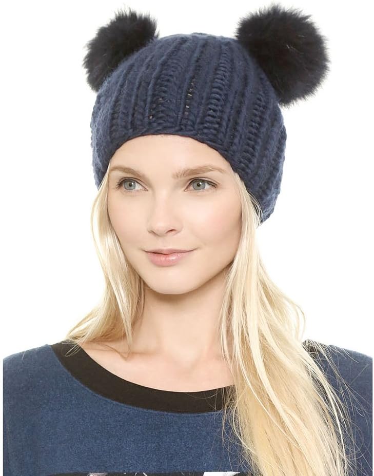 Knitting Fur Pompon Ear Casual Fashion Beanie Hat Christmas (Dark Blue)