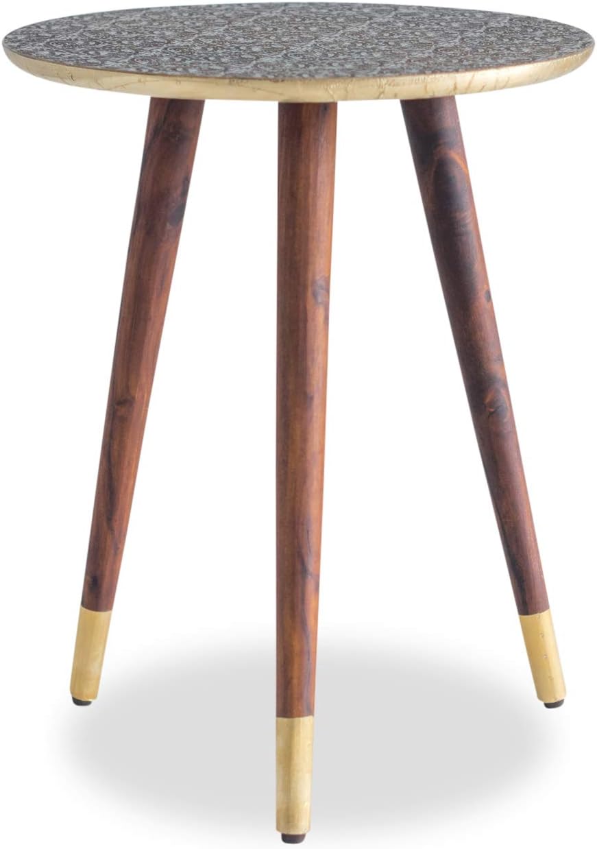 Side End Table Solid Wood Legs with Brass Top Gold