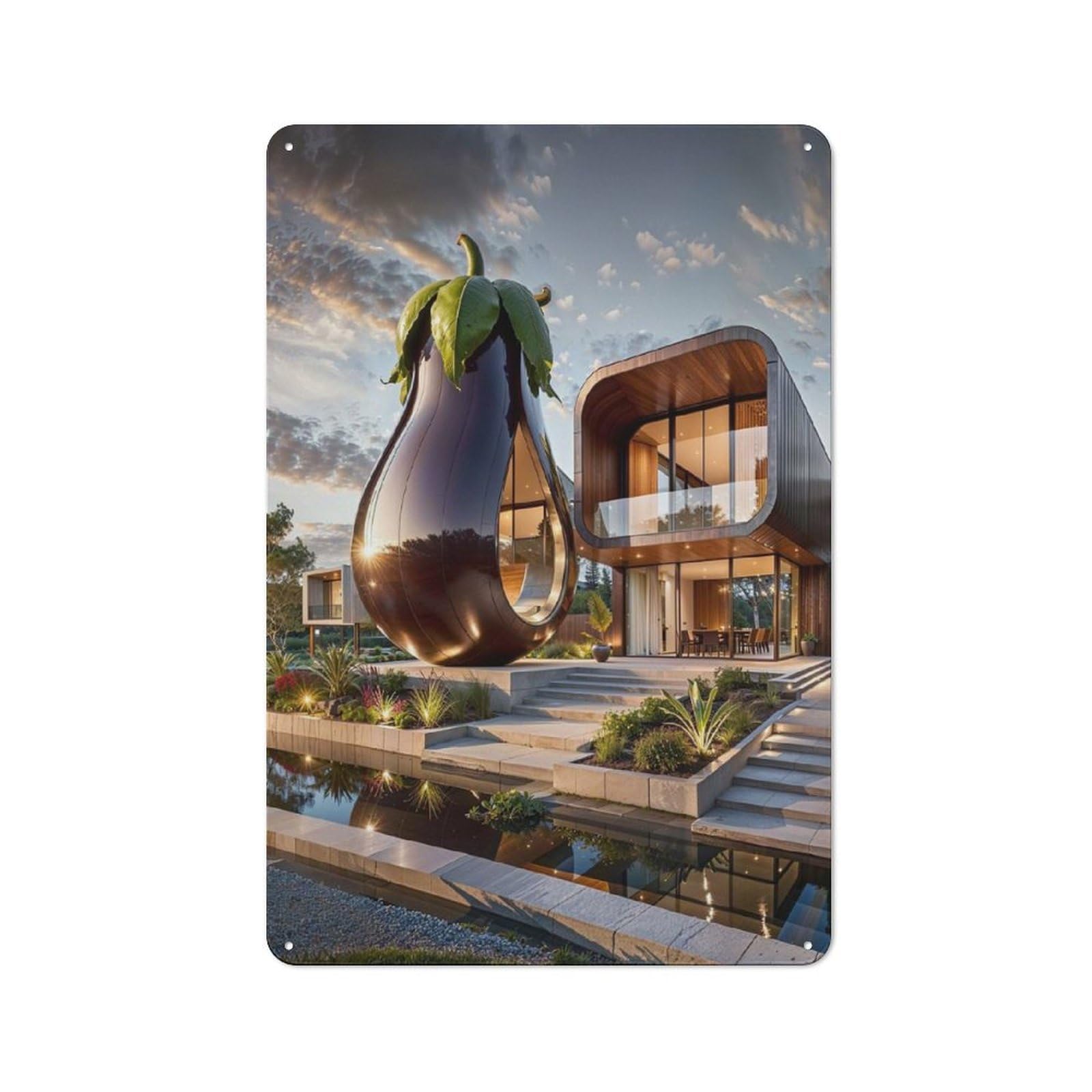 Tin Wall Plaque 30x20cm with Eggplant House for Workshop Wall, Housewarming Wall Decor for People Furnishing Workshop