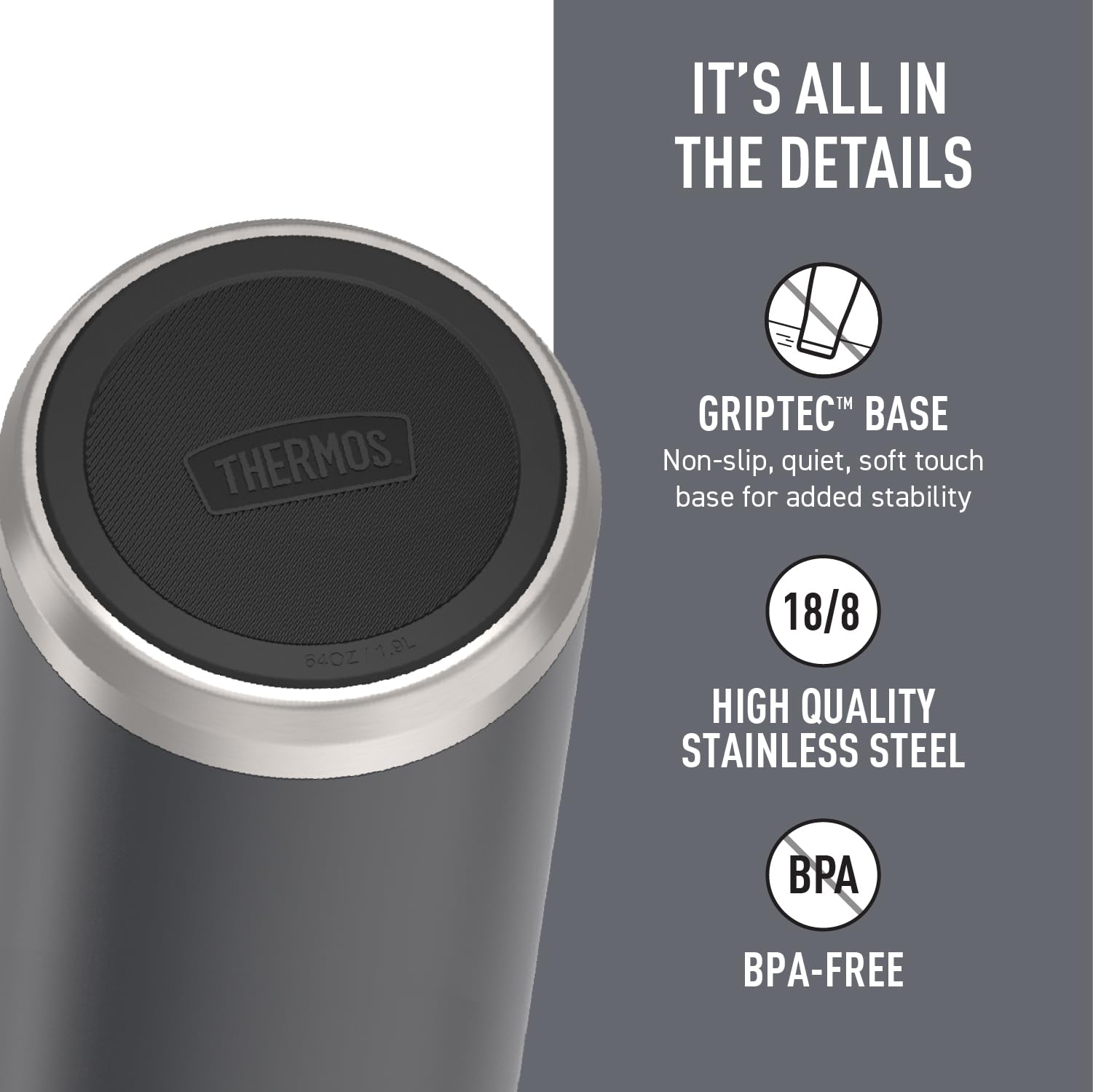 Thermos, ICON Series, Stainless Steel Water Bottle With Spout, Matte Stainless Steel, 64 oz