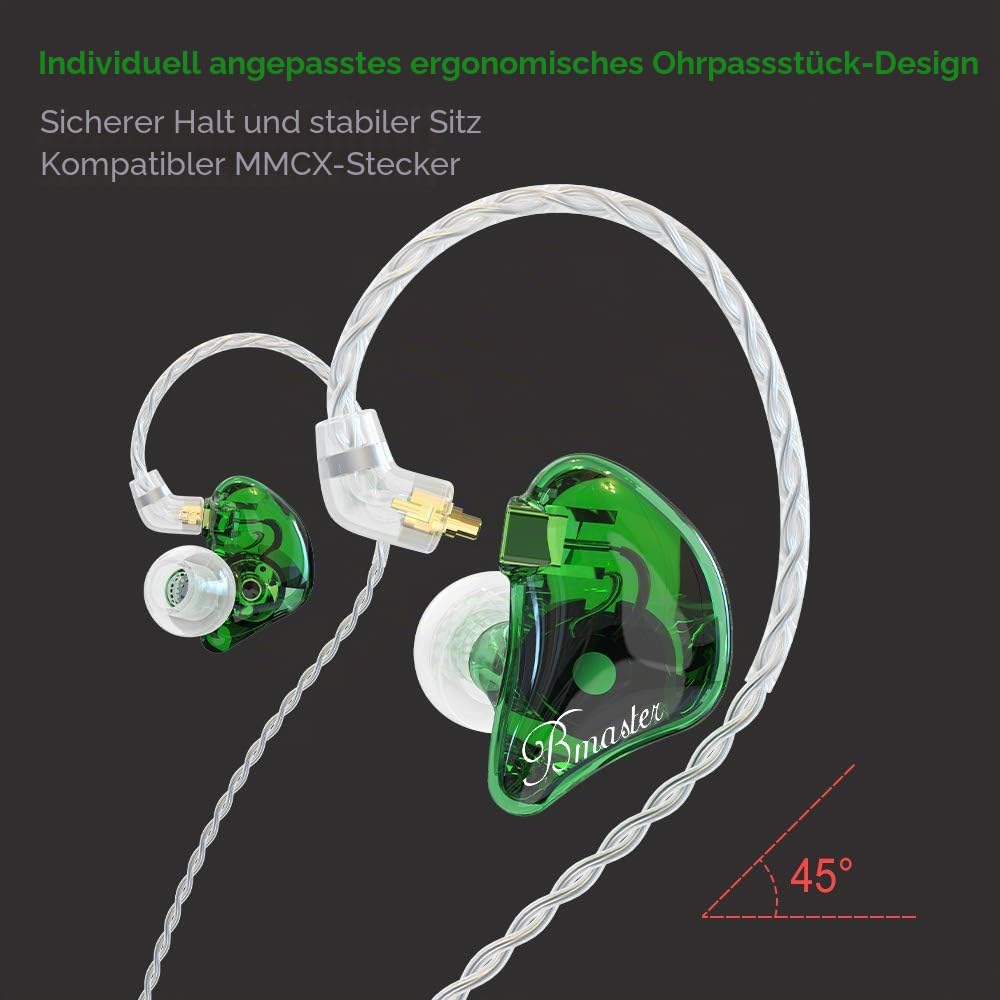 BASN Bmaster In-Ear-Kopfhörer, dreifache Treiber, Geräuschisolierung, kabelgebundene Kopfhörer mit zwei abnehmbaren MMCX-Kabeln, für Musiker, Schlagzeuger, Sänger, Bühne, Grün