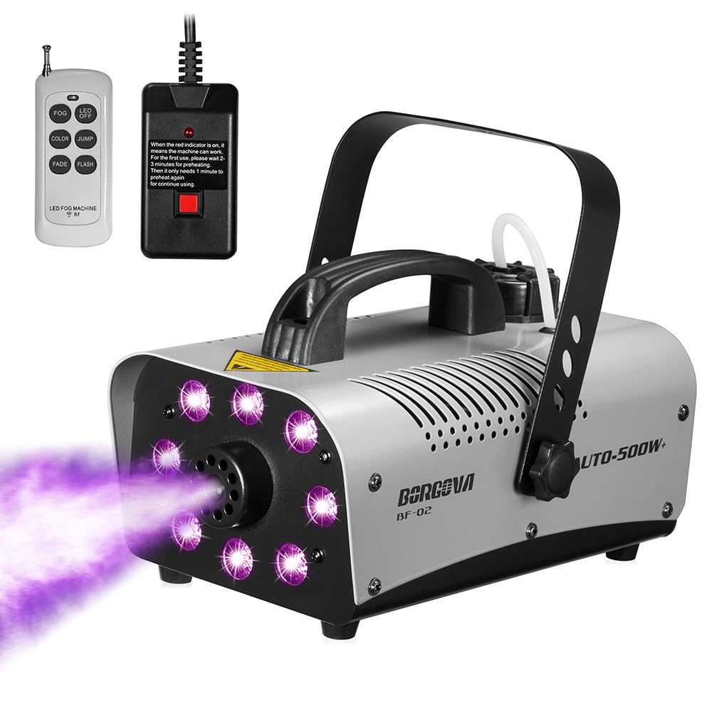 Fog Smoke Machine with 8 LED Par Lights, 500+ Watts, Wireless Remote, Auto Mode - Perfect for Halloween Weddings Parties and Stage Effect