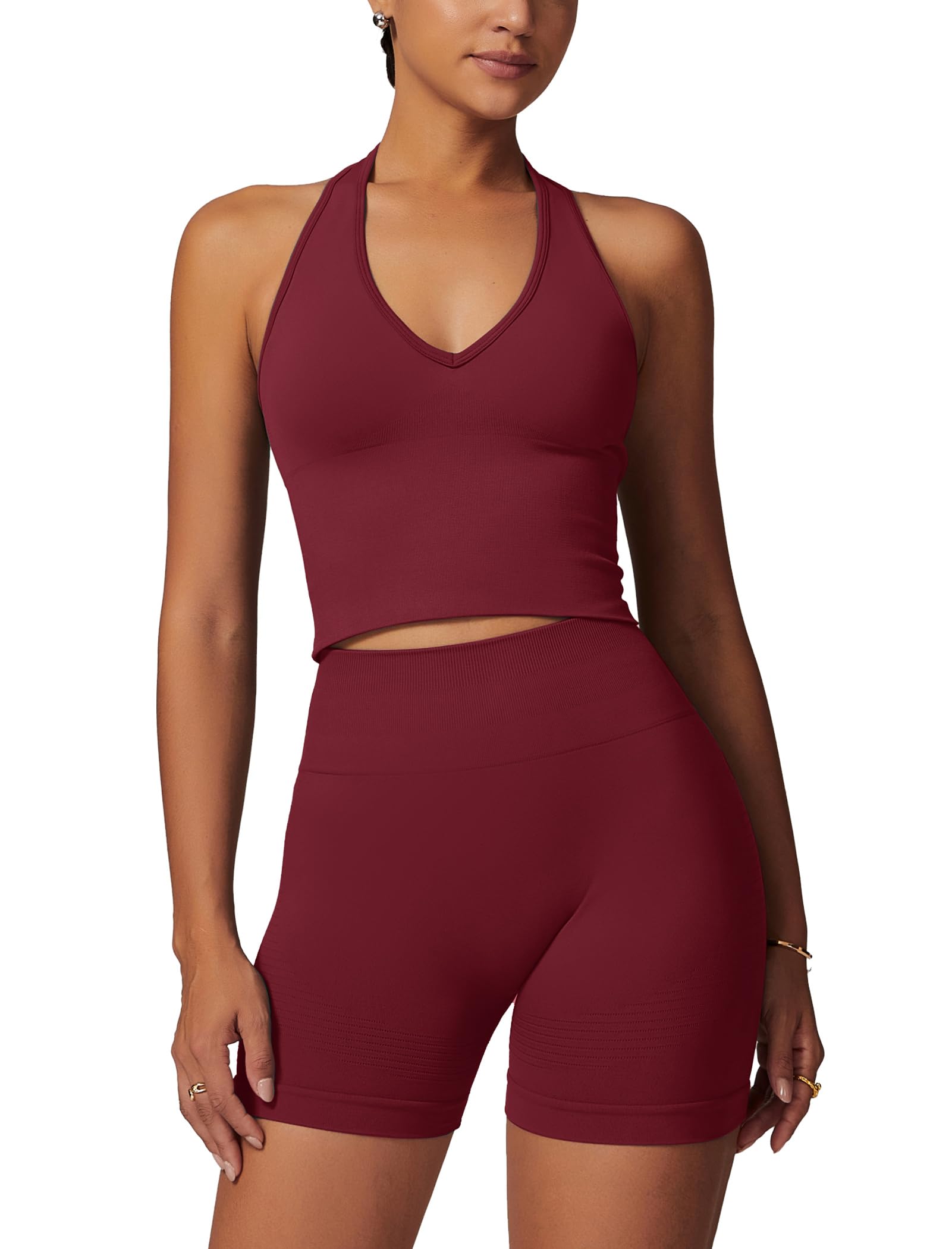 Odizli Sport Set Damen Kurz Neckholder V-Ausschnitt BH Top + High Waist Shorts Gym Fitness Outfit