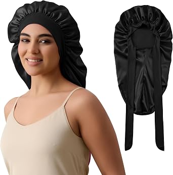 Long Silk Bonnet for Sleeping, Satin Bonnet for Curly Long Hair, Braid, Locs, Dreads, Extra Large Sleep Cap for Women Black