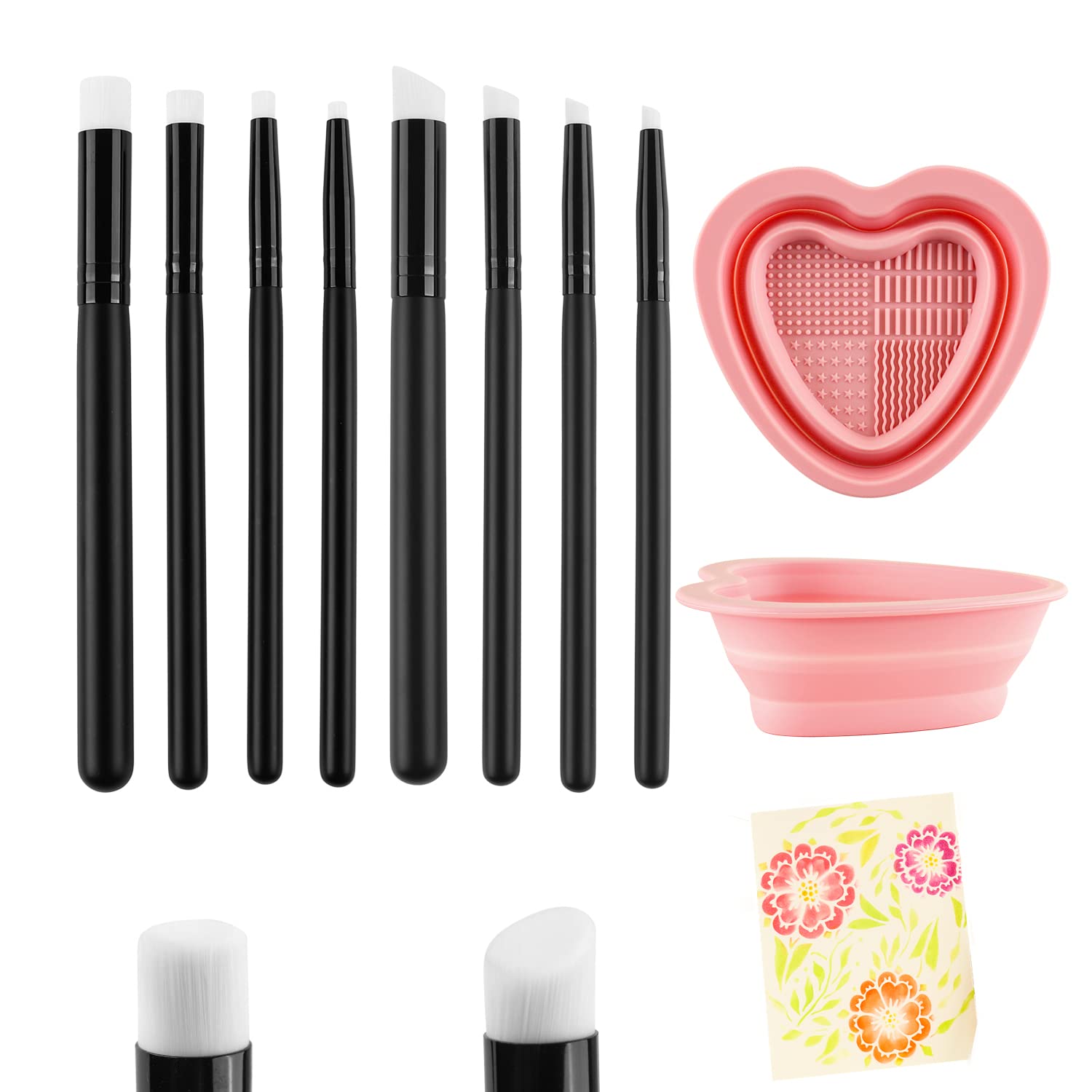 OTCRAFT 9 Pcs/Set Detailed Mini Ink Blending Brushes and Foldable Deep Cleaning Brush Bowl 4 Kinds of Head Smooth Blending Ink Painting Small Brushes for Stencils DIY Scrapbooking Paper Cards Making