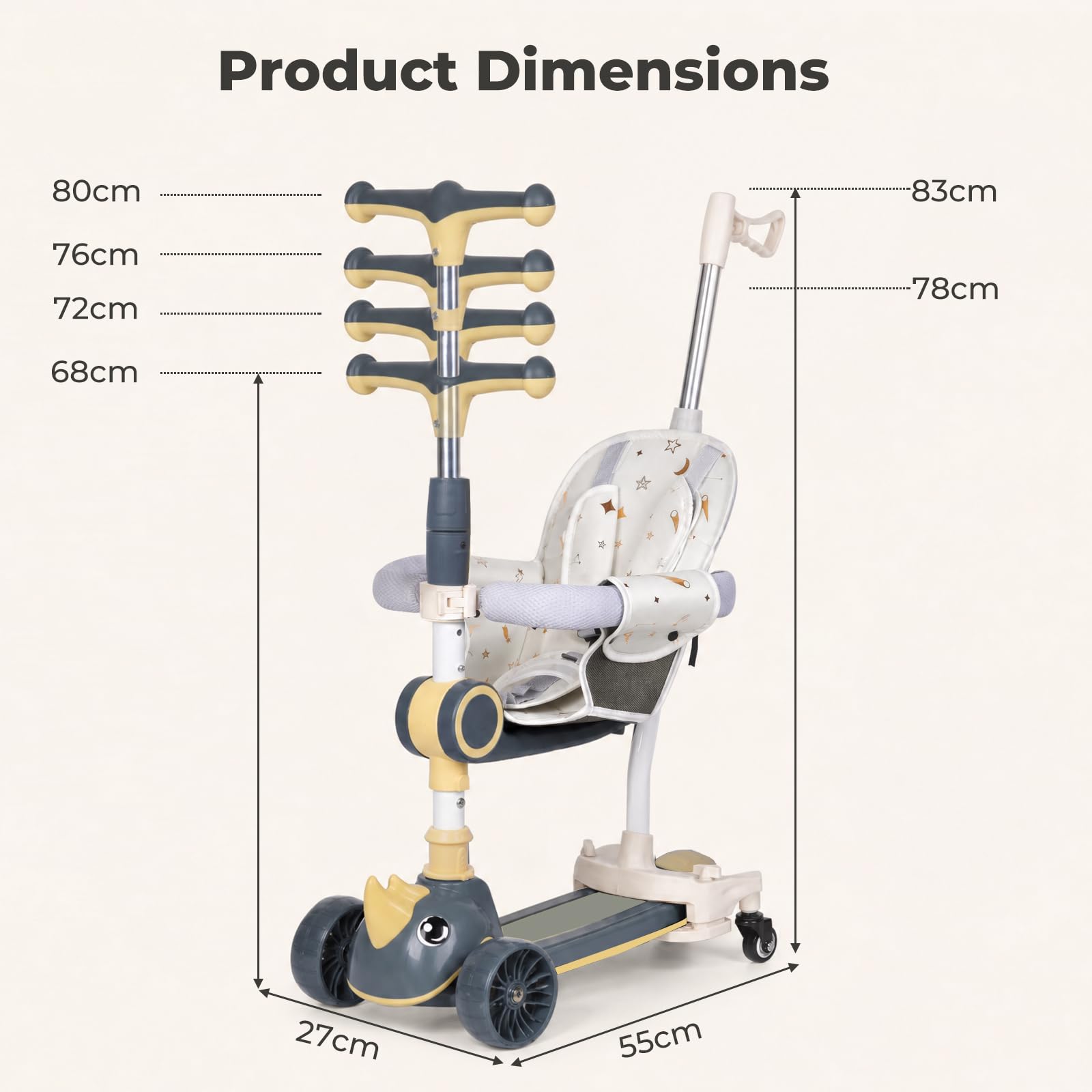 Trottinette 3 en 1 pour enfant avec barre de poussée, siège amovible et roues LED, hauteur réglable sur 3 niveaux, pour enfants de 1 à 8 ans, jusqu'à 50 kg