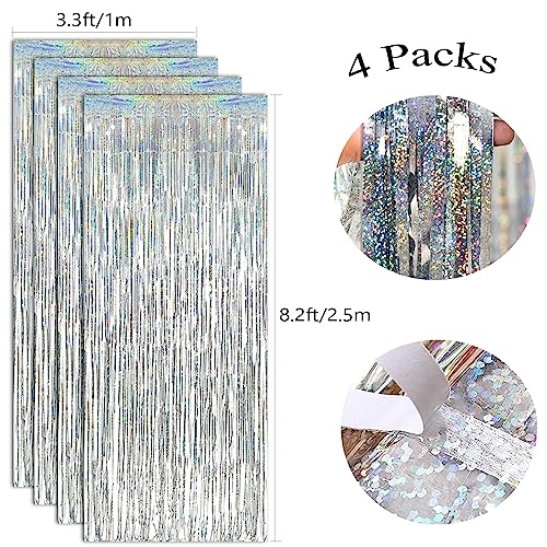 Image of 4 Pack Silver Fringe Backdrop 12.8x8.2 Ft Sparkle Metallic Tinsel Foil Fringe Curtain, Silver Tinsel Backdrop Curtain Door Streamers for Birthday Bachelorette Graduation Christmas Party Decorations