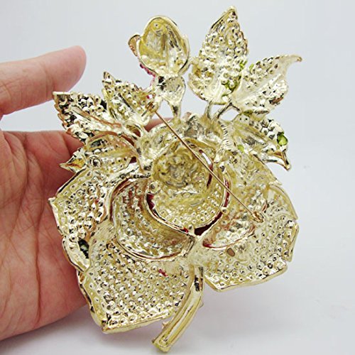 Image of TTjewelry Pink Huge Rose Flower with Green Leaf Pink Bud Austrian Crystal Rhinestone Brooch Pin B20000101