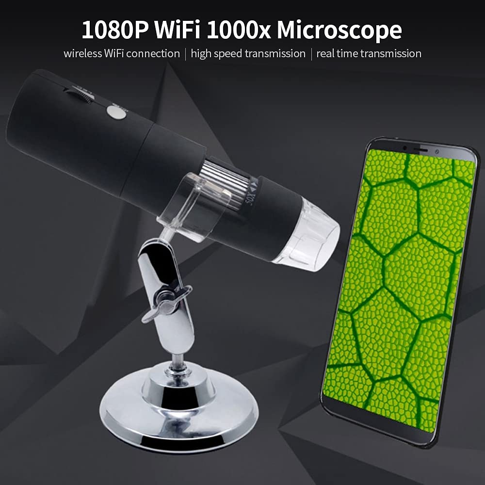Microscopio Wi-Fi con aumento de 50x a 1000x, resolución de 1920 x 1080P, 8 luces LED, captura JPEG, video MP4, 70 minutos de trabajo, batería de 600 mAh, distancia de transferencia de 5 a 10 m