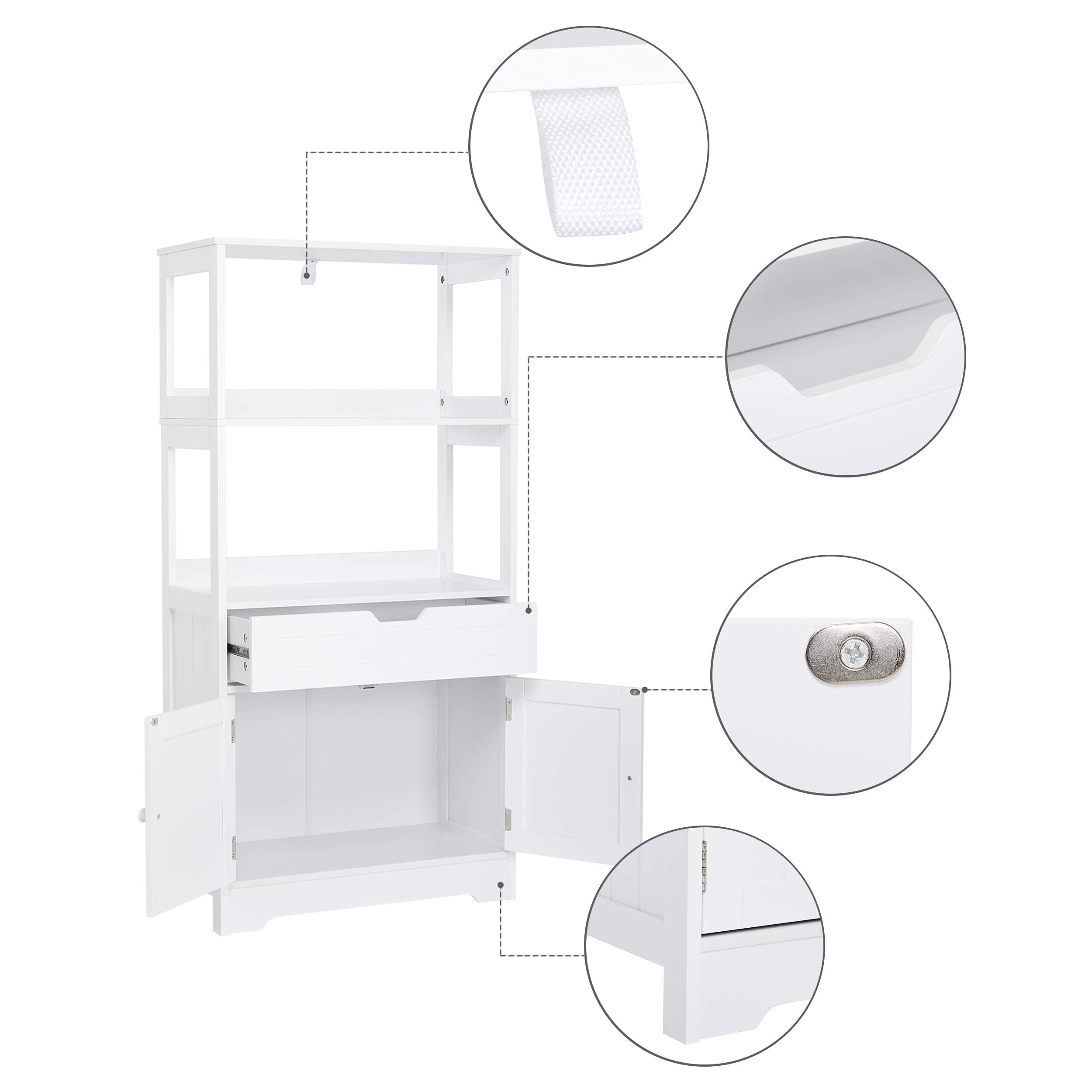 Mondeer Meuble de Salle de Bain Meuble de Rangement avec Etagères, Tiroirs et Armoire avec la Porte, pour Salle à Bain Cuisine Salon, 60 x 30 x 121 cm (L x B x H), Blanc H1071BC03WT