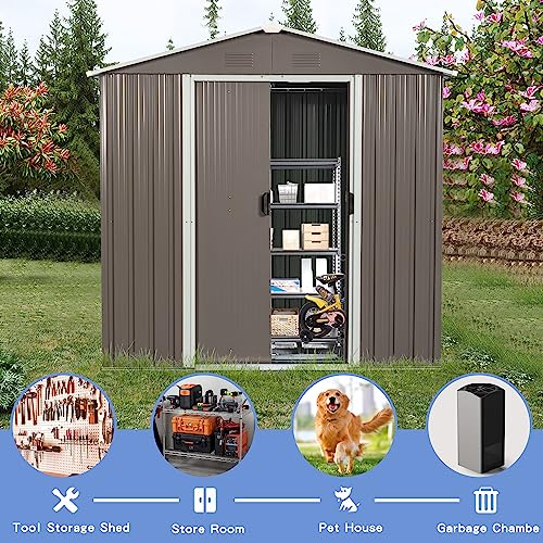 8-x-4-FT-Outdoor-Storage-Shed-Metal-Garden-Shed-with-Floor-Frame-Tool-Shed-Outdoor-Storage-with-Lockable-Sliding-Doors-Air-Vents-Storage-House-Waterproof-for-Backyard-Lawn-Gray 8 x 4 FT Outdoor Storage Shed Metal Garden Shed with Floor Frame Tool Shed Outdoor Storage with Lockable Sliding Doors Air Vents Storage House Waterproof for Backyard Lawn Gray