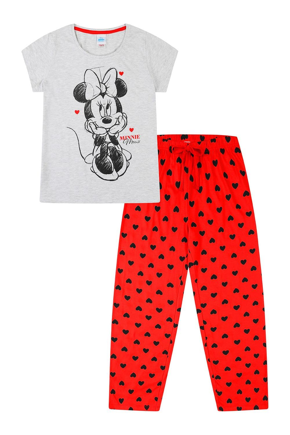 Disney Womens Minnie Mouse Red Grey Ladies Long Cotton Pyjama Set (20-22)
