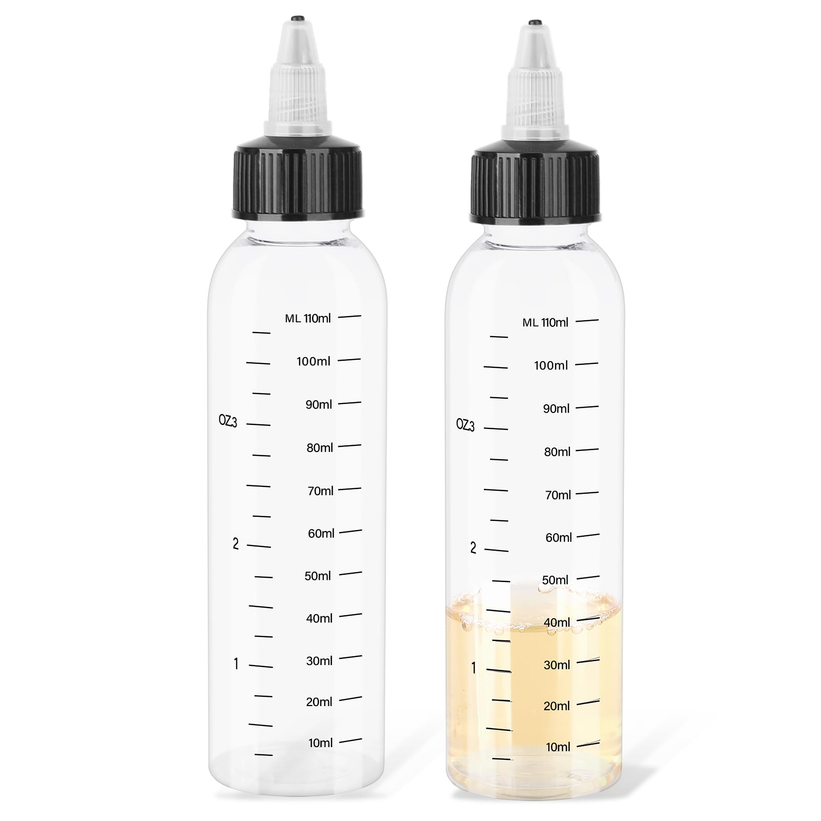 Skrfren 2 Pack Applicator Bottles for Hair, 4 Ounce Empty Plastic Color Oil Squeeze Bottles Hair Squeeze Bottle Twist-On Top Tip Cap with Ratio Graduated Scale
