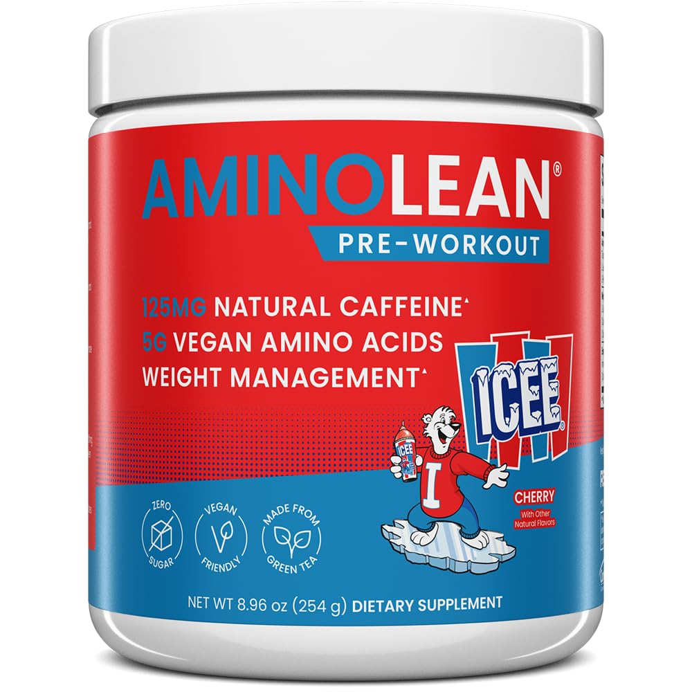 Polvo preentrenamiento AminoLean x ICEE, energía aminoactiva con cafeína natural de té verde, aminoácidos BCAA veganos, sabor cereza, 30 porciones