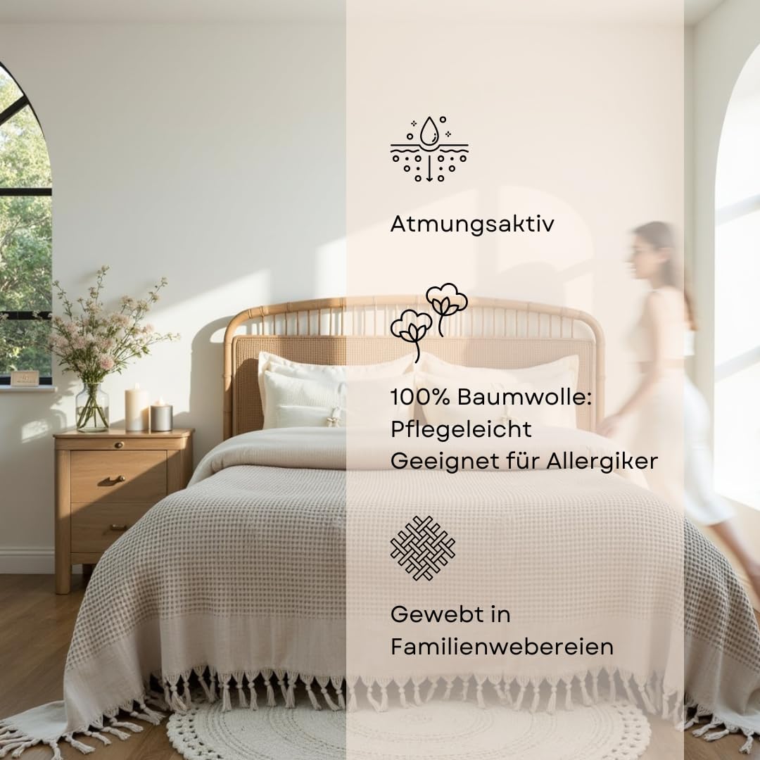 BOHORIA® Tagesdecke 220x240 cm in Waffeloptik Santorini | extra groß | 100% Baumwolle | Oeko-Tex® | Überwurf für Sofa, Sessel & Bett | Sofadecke Wolldecke Wohndecke (Sepia)
