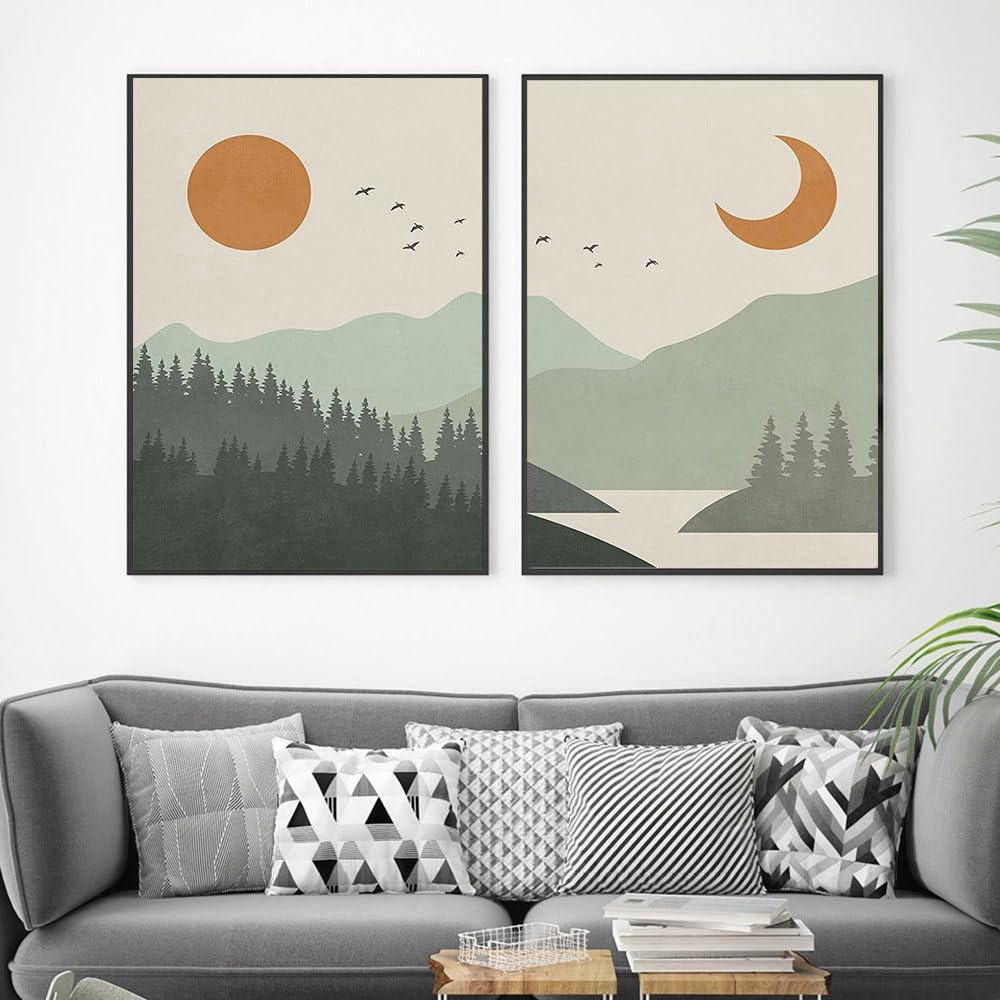 WUHBCZ Pictures,Boho Canvas Poster Abstract Sun and Moon Over Green Mountain Wall Mid Century Art Prints Nordic Wall Pictures Bedroom Living Room Decor-40 * 60cm*2PCS (No Frame)