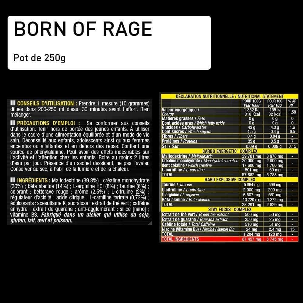 PRE- WORKOUT Born Of Rage - Polvere esplosiva vegana - Miglioramento muscolatura - Energia e resistenza - Anti fatica per allenamenti intensivi - Lotto di 2 x250 g - Laboratorio francese Eric Favre
