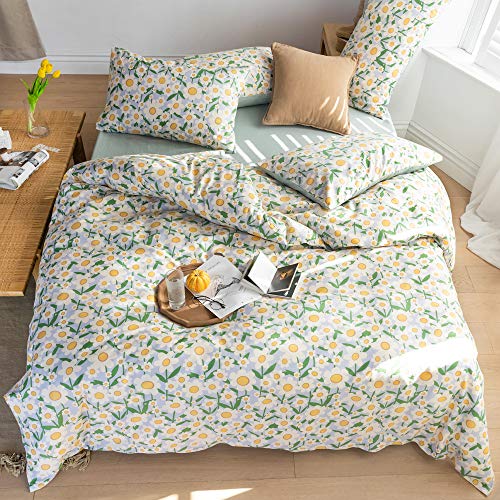 Mini Flower Kids Bed Duvet Cover Set Lovely Floral Girl Beddings Printed with Patterns of Wild Flowers White and Yellow Holiday Bedroom Set Queen Duvet Cover Zipper Closure No Comforter