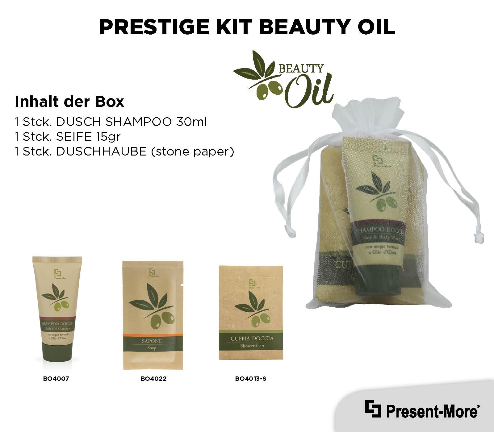 Present-More Amenities Kit Beauty Oil - Prestige Kit Toilettenartikel 35 Gäste für Hotels und B&B | Allergenfreie Amenities Kit mit Duftnote Tahitian