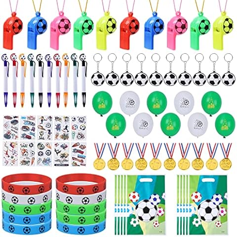 Bophy 80 PCS Football Party Bags Fillers, World Cup Football 2022 Decorations, Football Wristband, Keychain, Whistle, Ballpoint Pen, Party Gift Bag,Tattoo Stickers,Winner Medals and Balloon Cover