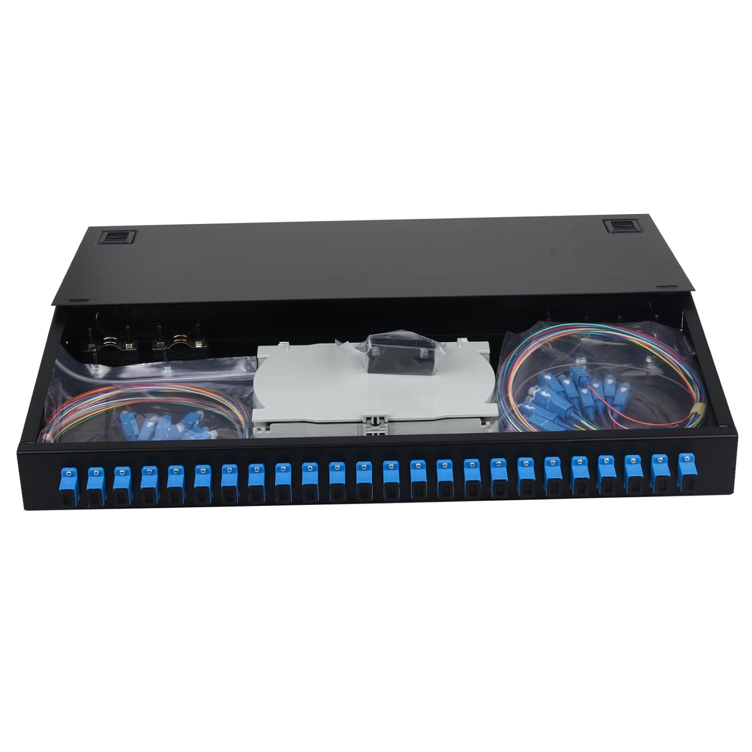 Xunsomten-24 Singlemode 24 Port SC-UPC Rack Mount Enclosure Box & Splice Trays Fiber Cables Kit, 24 Core LGX Loaded Patch Panel Box fits for 19" Racks Cabinet (Include Pigtail & Couplers)