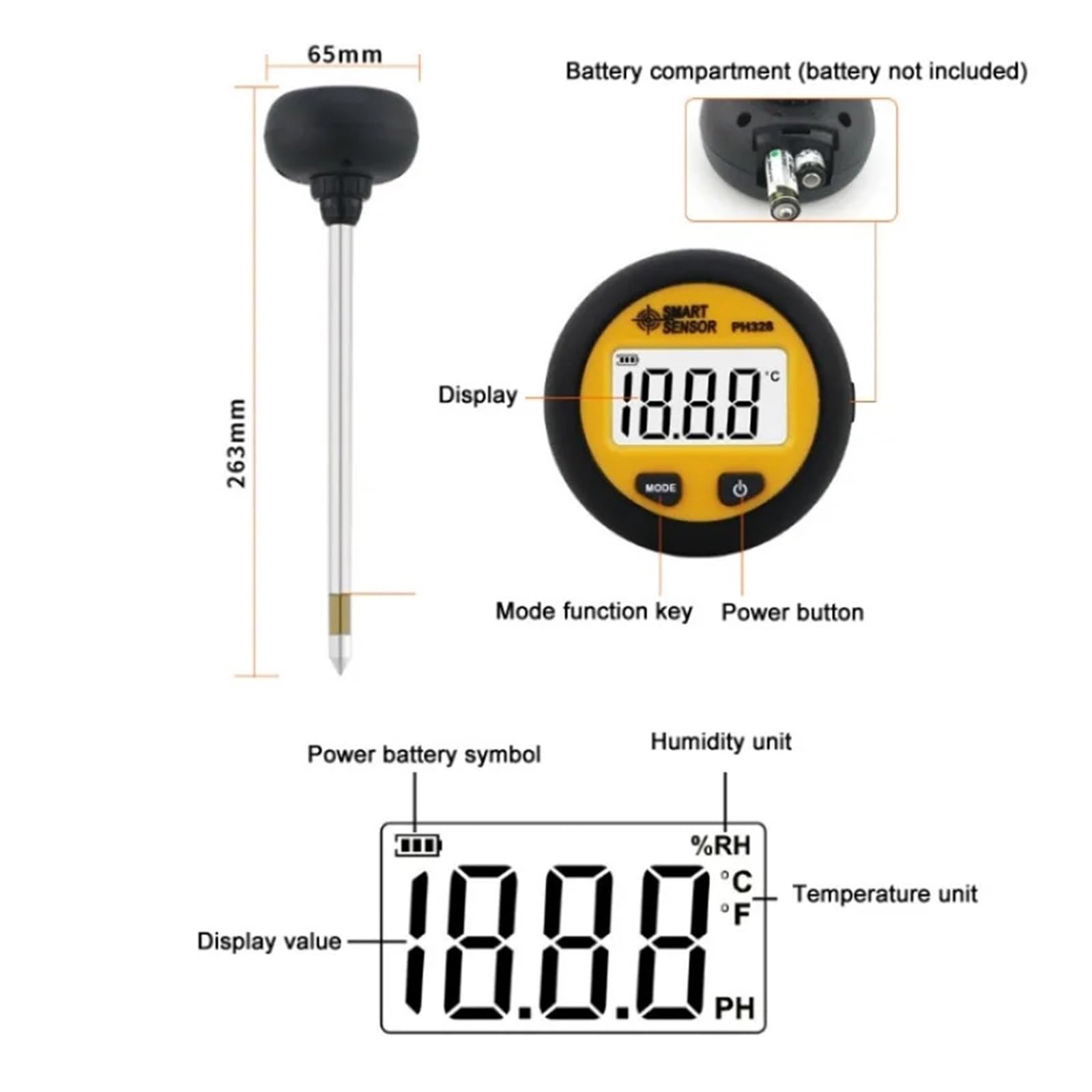 Probador De Suelo con Retroiluminación Digital PH328, 3 En 1, PH/Humedad/Temperatura, Sonda De Prueba De PH del Suelo Portátil, Medidor De Temperatura Y Humedad