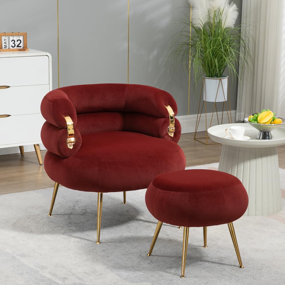 Anwick Modern Velvet Accent Chair, Single Recliner with Ottoman Comfortable Single Sofa Armchair Tufted Casual Armchair, Upholstered Round Recliner