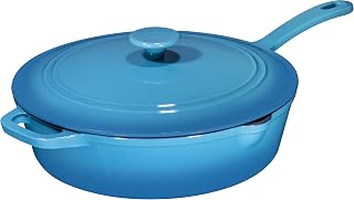Bruntmor 5 Qt Cast Iron Skillet with Lid Turquoise Enameled Non Stick Frying Pan for Casserole, Sautéing, and Grilling - Durable Handle Cookware for Easy Use
