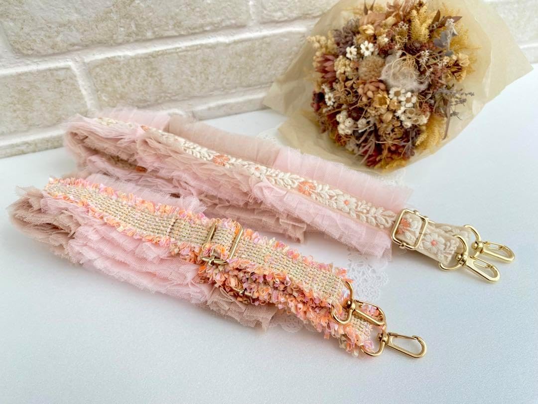 インド刺繍リボン子供用携帯ショルダーストラップ ピンクフリル 親子シンクロ <0518zハンドメイド・スマホショルダー>