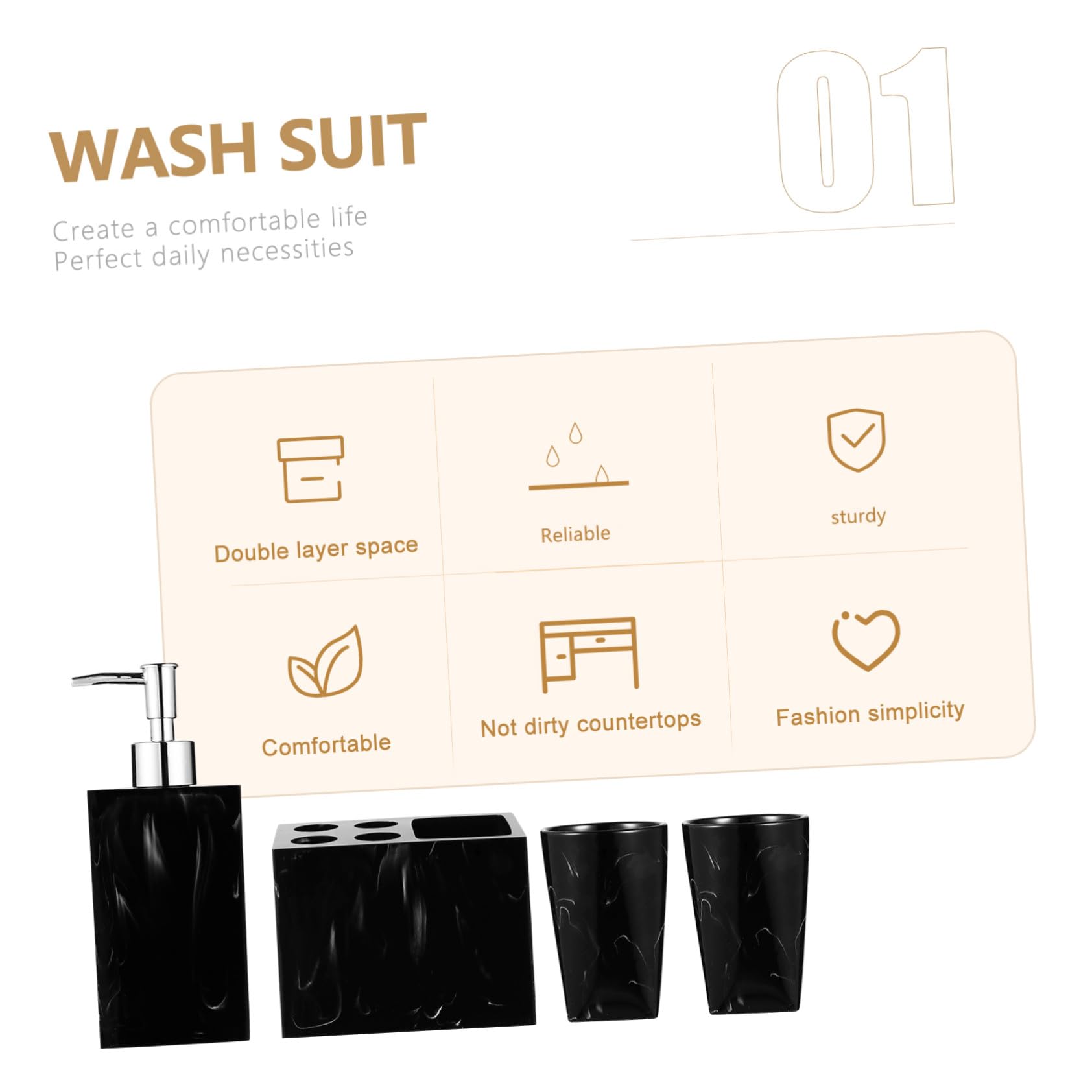 ABOOFAN Juego de Accesorios de Baño Marmolado Negro Jabonera, Estante para Cepillos, Vasos Enjuague Bucal y Botella de Viaje, Resina Práctica, para Baño y Viaje, Set de 5 Piezas