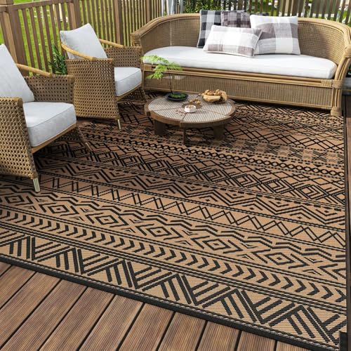 MontVoo Outdoor Rug Carpet Waterproof 9x12 Outdoor Patio Rug Mat Reverisble Plastic Straw Outdoor Rug for RV Camping Picnic Beach Balcony Boho Black Brown Large Black Brown 9' x 12' (Rectang