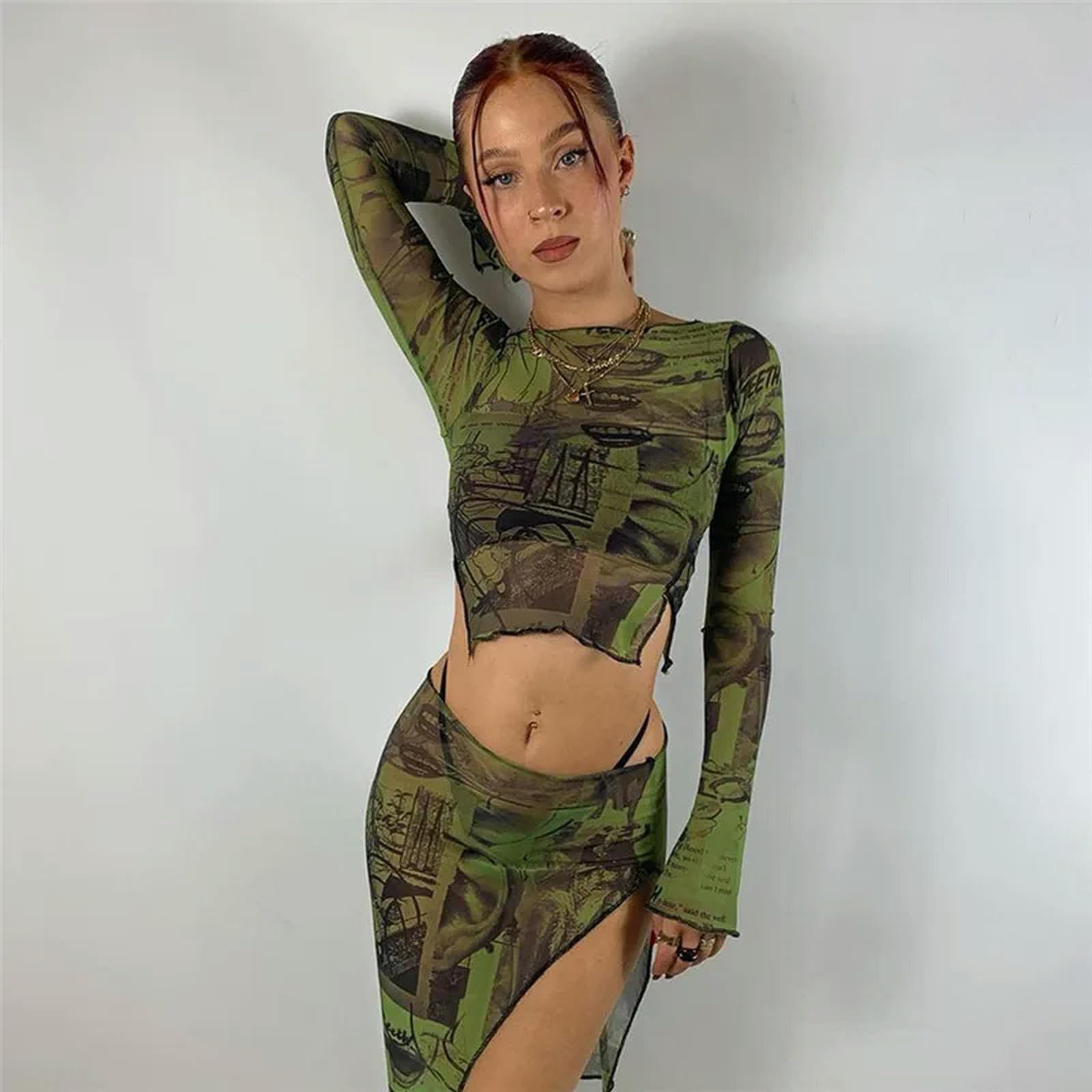 Frauen Casual Sommer Y2K Druck Voll Grunge Mesh Schlitz Flare Ärmel T-Shirts Trend Dünne Tees Crop Top Streetwear-AS