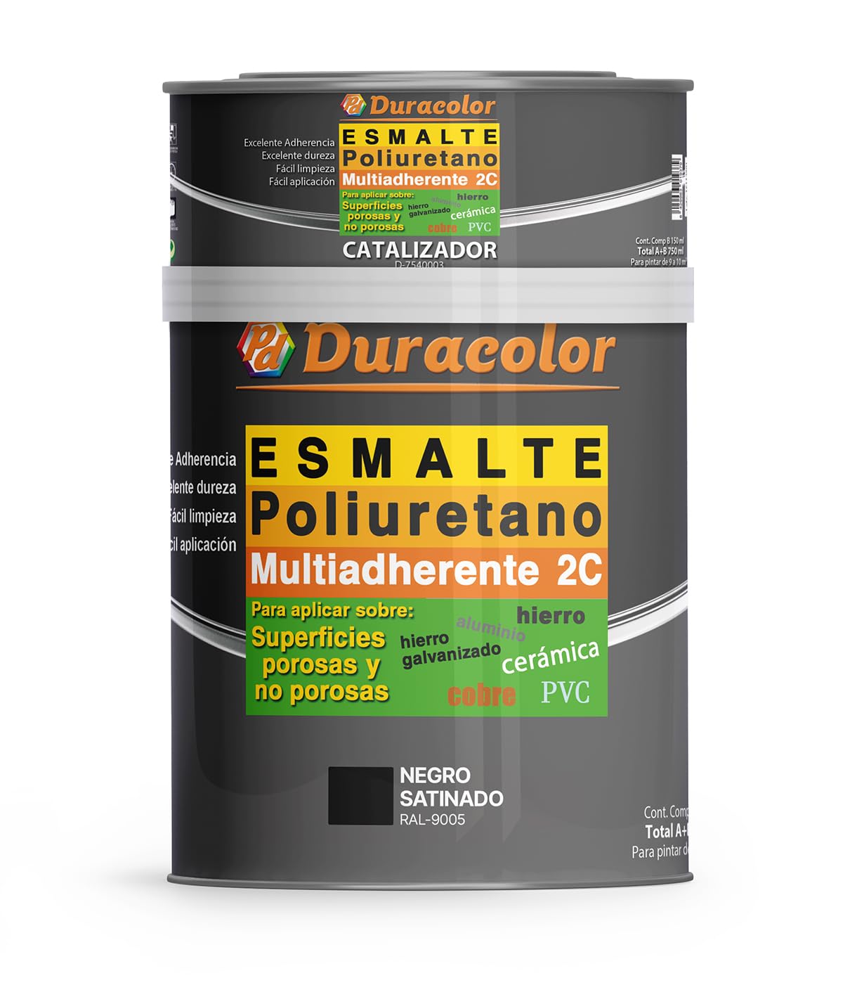 Esmalte al Poliuretano Multiadherente Satinado Duracolor | Pintura para Metales, Madera, Bañeras, Azulejos y Sanitarios | Resistente y Duradero (600 ml + 150 ml, Negro RAL 9005)