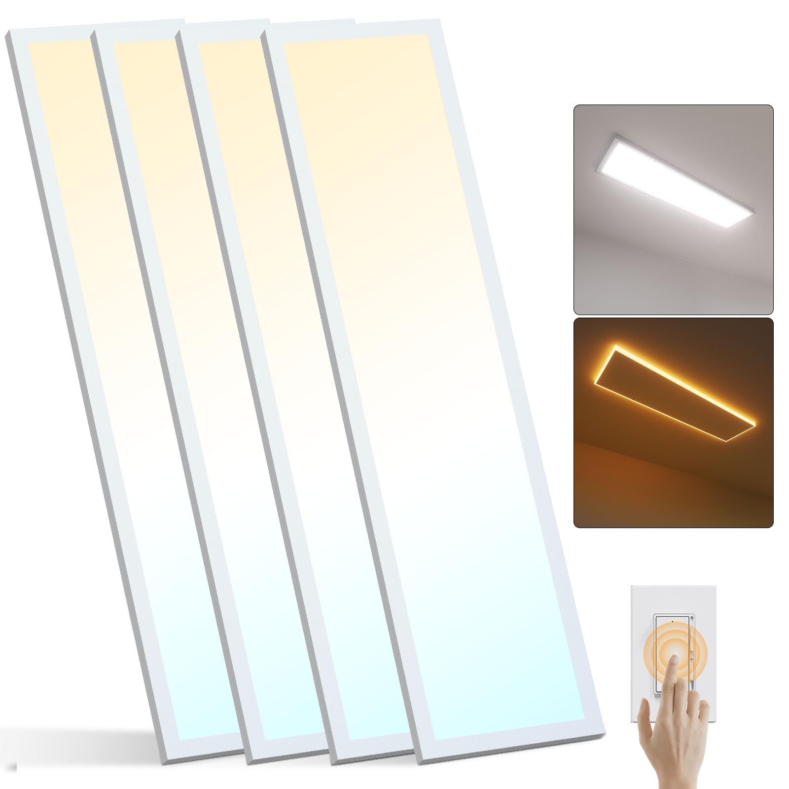 AIKVSXER 4Pack 1x4 LED Flat Panel Light with Night Light Surface Mount 50W 4CCT 5500Lm 3000K/4000K/5000K/Night Light Surface Mount Ceiling Light Fixtures for Household and Commercial