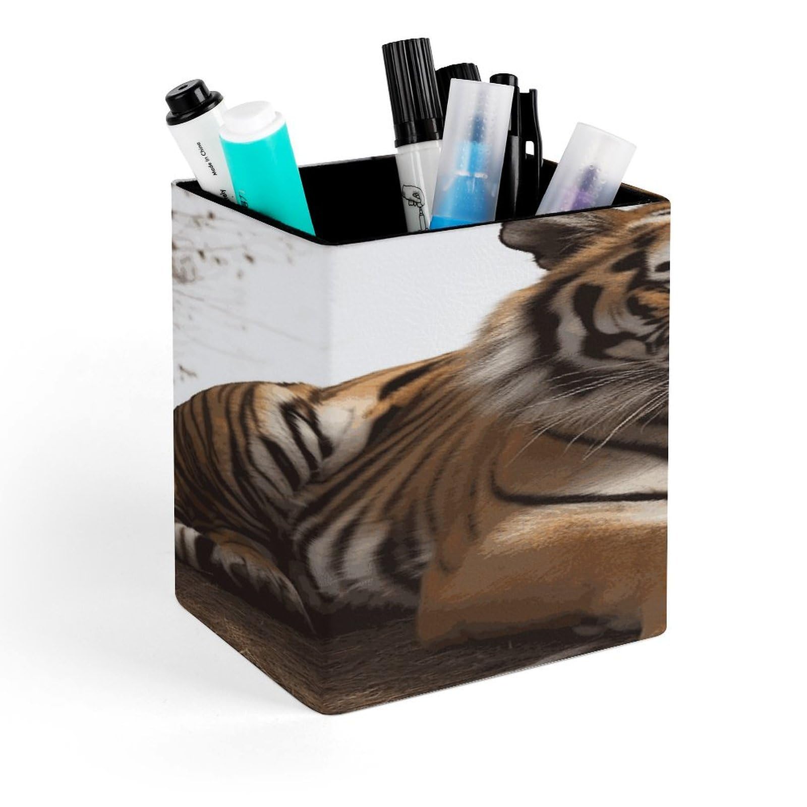 FekiLoot Square Big Tiger Pen Holder PU Leather Pencil Cup Desk Organizer Cute Makeup Brush Storage Organizer Modern Design Office Accessories Container Box 4.3x 3.5x 3.1 in