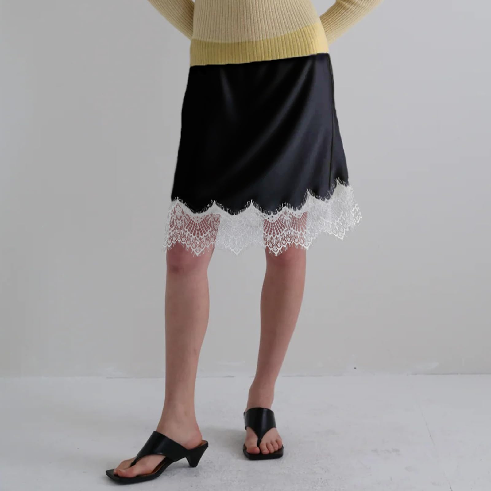 Sexy Outfit Damen-Halbslip aus Satin mit Spitzenbesatz, elastischer Taille, kurzer Unterrock, Petticoat für Unterkleider, weicher Slip-Rock in den britischen Größen 6–24