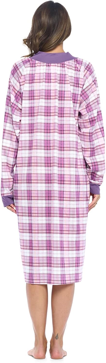 Casual Nights Women's Plaid Long Nightgown Long Sleeve Zip Up Lounger Dress - Image 3
