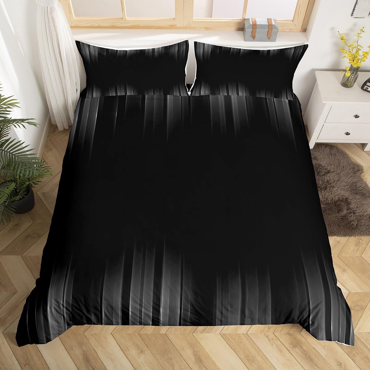 Feelyou Geometric Abstract Ombre Bedding Set Twin Size Kids Gray and Black Striped Comforter Cover Set for Boys Girls Teens Modern Fashion Duvet Cover Stripes Bedspread Cover Room Decor Quilt Cover