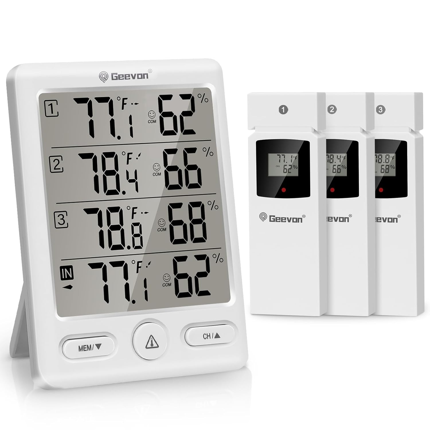 Geevon Indoor Outdoor Thermometer Wireless with 3 Remote Sensors, Temperature Humidity Monitor for Home with Comfort Indicator, Temp Alarm, Digital Hygrometer Thermometer Battery Powered