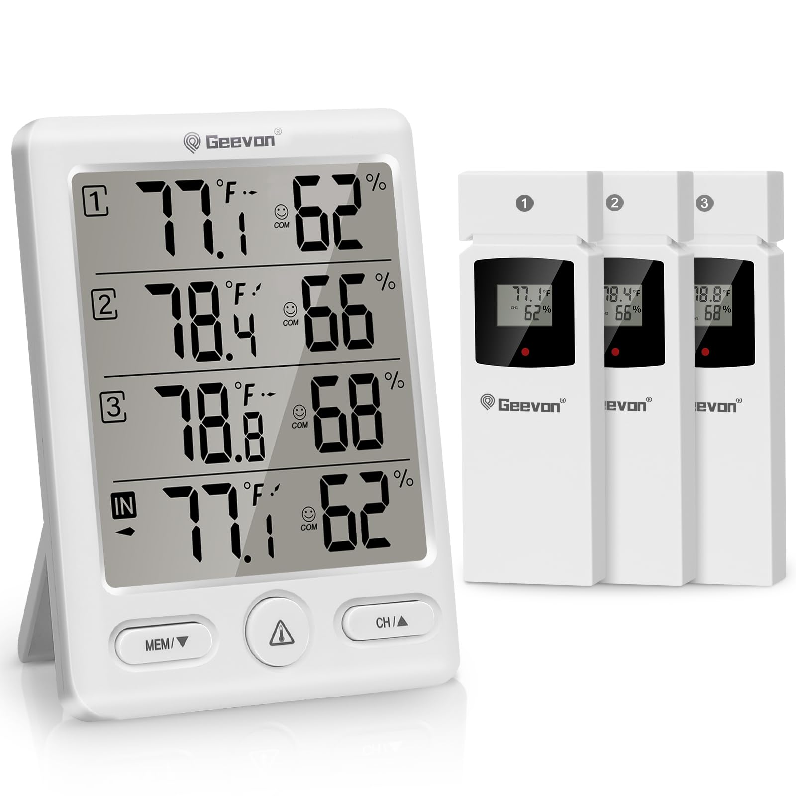 Geevon Indoor Outdoor Thermometer Wireless with 3 Remote Sensors, Temperature Humidity Monitor for Home with Comfort Indicator, Temp Alarm, Digital