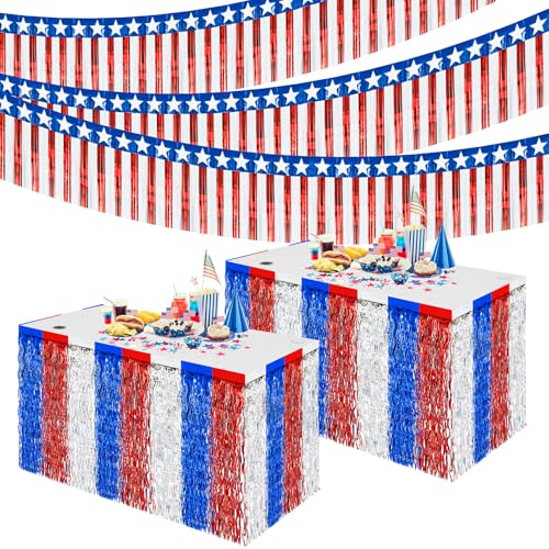 Image of Oudain 6 Pcs 4th of July Parade Float Decorations, Includes 2 Pack Patriotic Wavy Metallic Tinsel Foil Fringe Table Skirts 4 Pack Red White and Blue Fringe Banner for Labor Day, Veterans Day