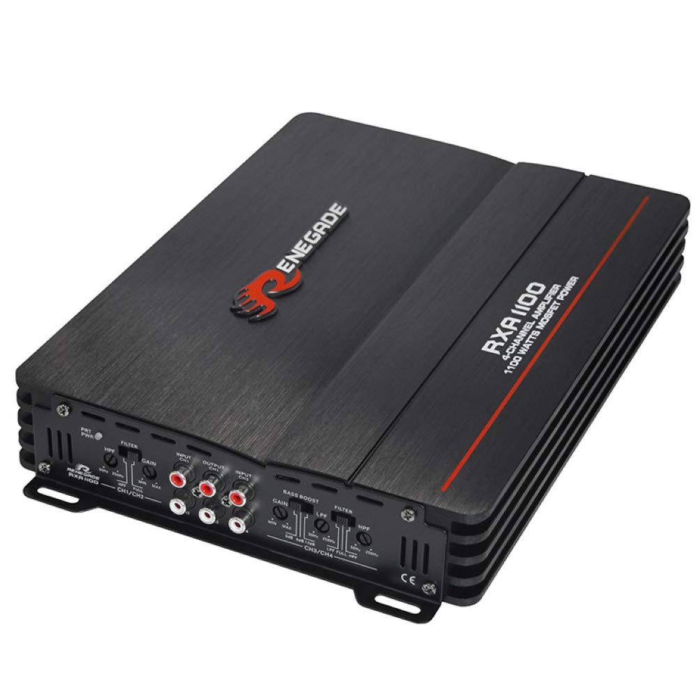 1 amplificador RENEGADE RXA1100 RXA 1100 4 canales clase a/b 4 x 135 vatios rms 4 x 275 vatios max bass boost spl coche negro, 1 pieza