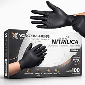 Luva Nitrilica Preta Premium | Sem Pó Antiderrapante | 100 Unidades Descartável | P, M e G