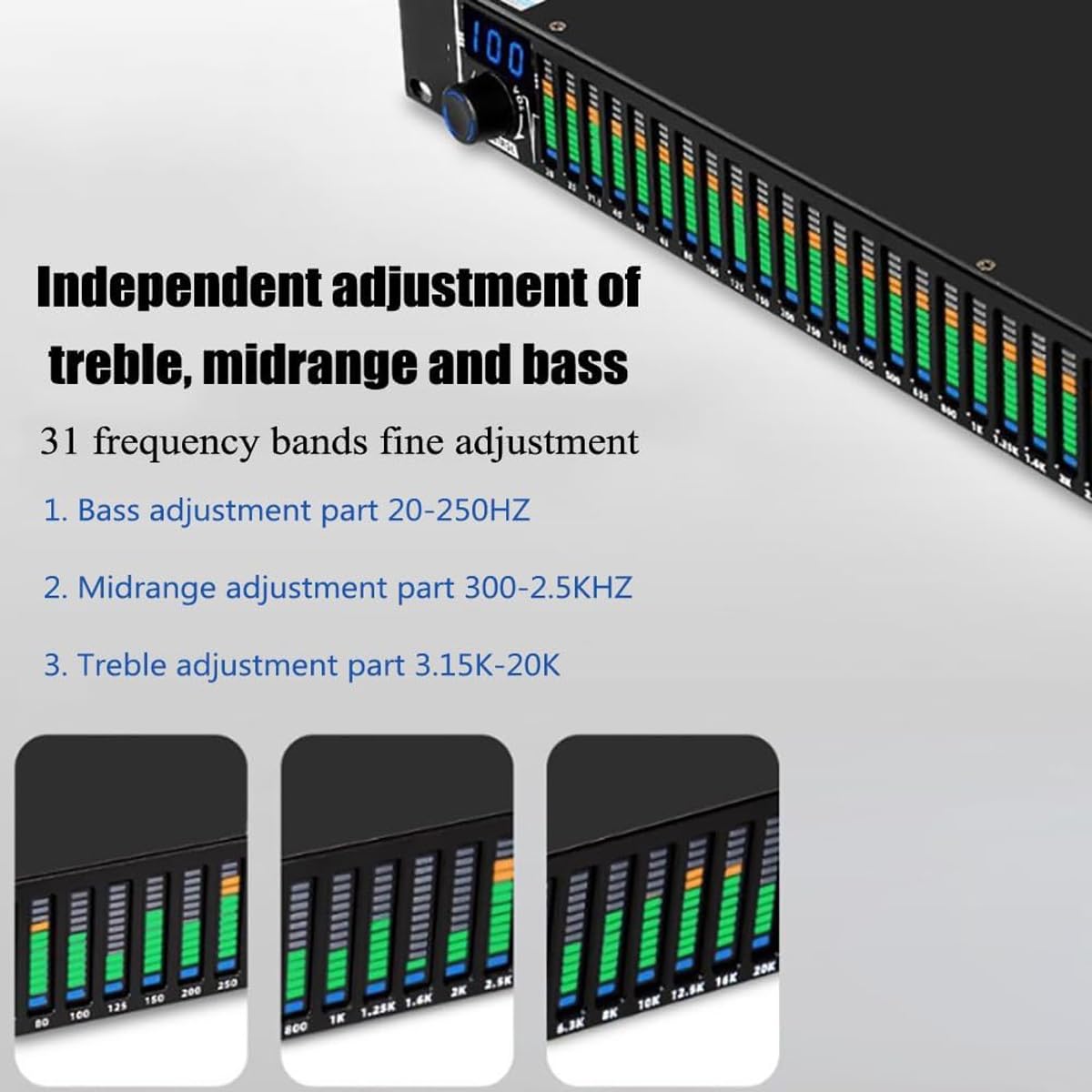 Equalizzatore grafico, equalizzatore grafico digitale, visualizzazione dello spettro stereo a 31 bande, 10 modalità di effetto possono essere pre-memorizzate, regolazione di alti, medi e bassi, ridu