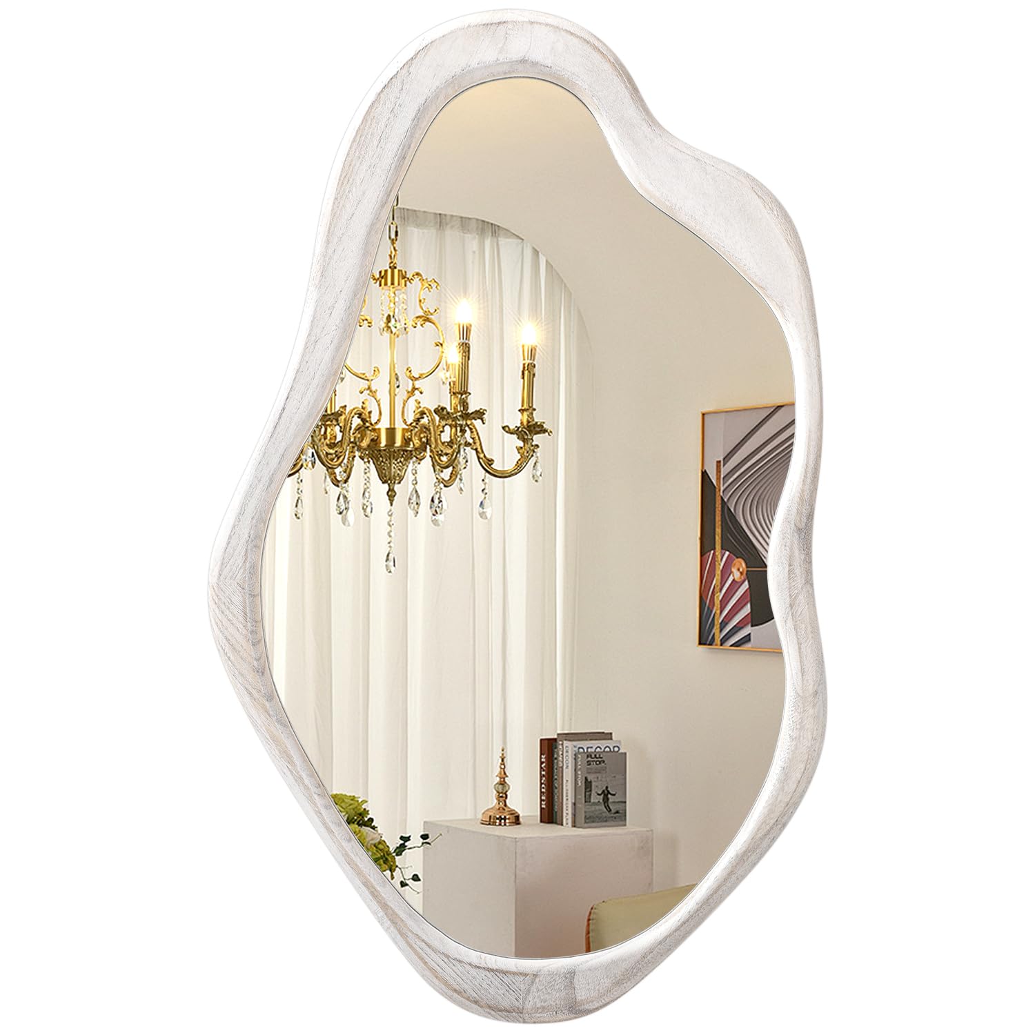 Aoaopq Wash White Irregular Asymmetrical Wall Mirror 60 X 90 Cm Wooden Frame Frame Mirrors For Living Room Bathroom Entryway Hanging Or Leaning Against Wall