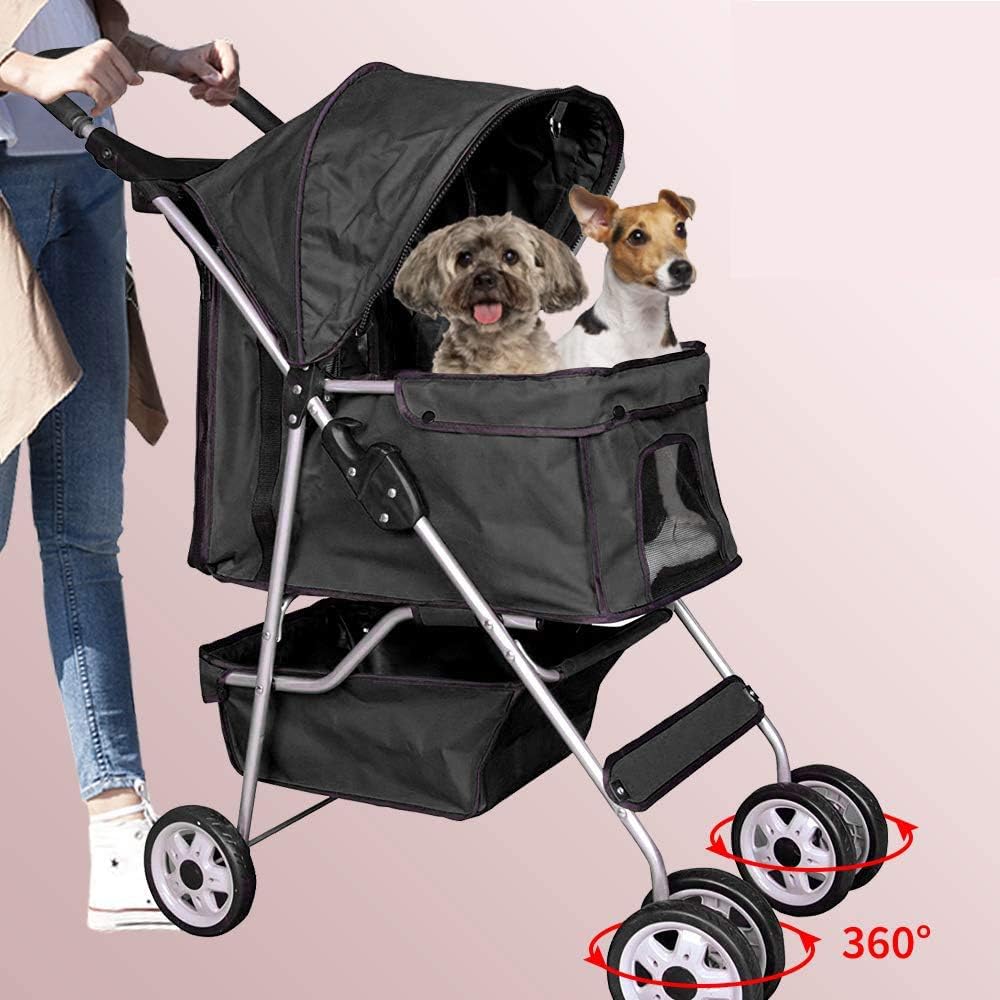 Dog Stroller Pet Stroller Cat Stroller 4 Wheels Pet Jogger Stroller 25lbs Capacity Travel Lite Foldable Carrier Strolling Cart W/Cup Holders Removable Liner for Medium and Small Dog,Black : Pet Supplies