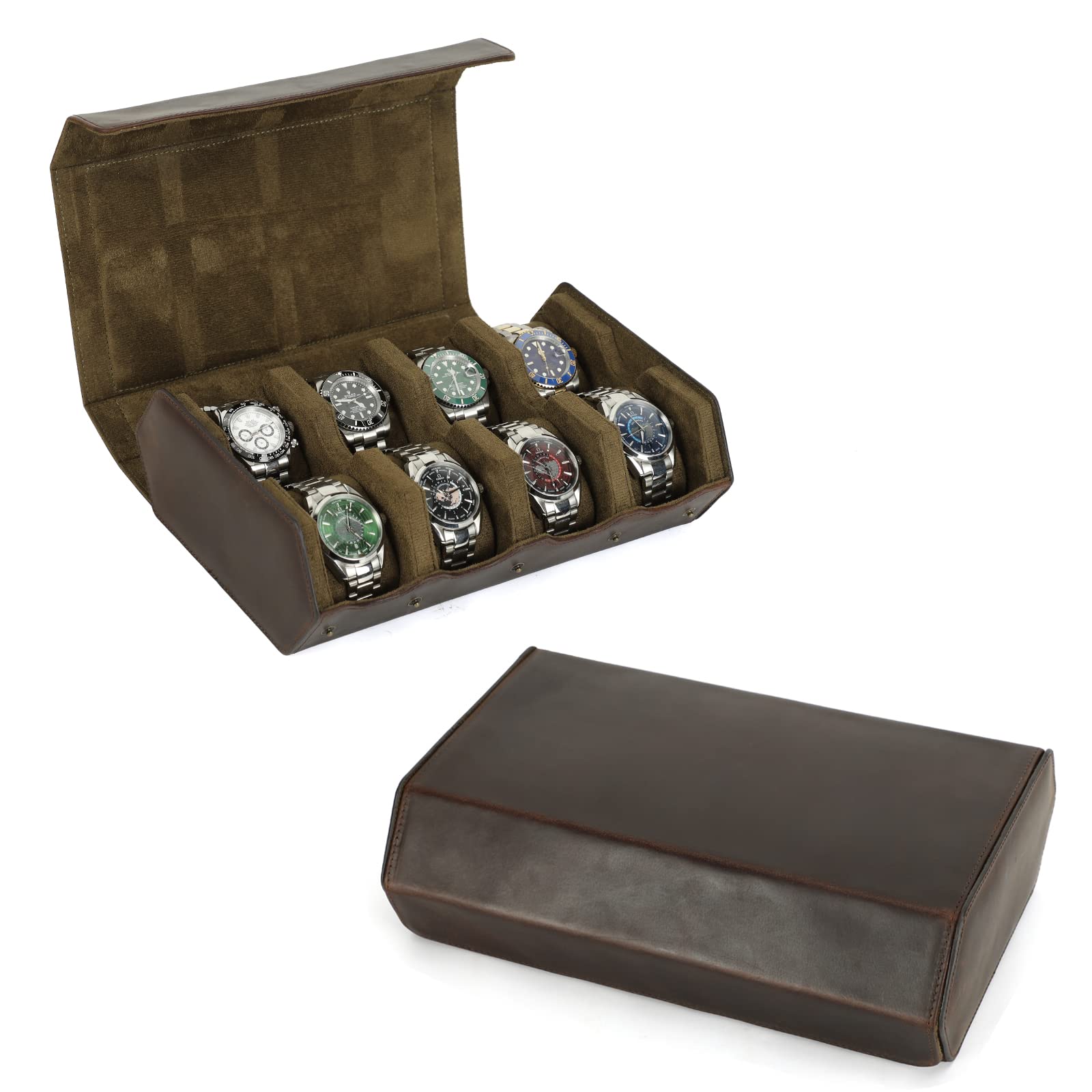 Hiram Custodia per orologi in vera pelle, esagonale, per 8 orologi, custodia protettiva organizer per orologi (caffè)