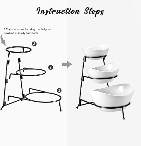 Miniatura 6 de HBlife Soporte de 3 niveles ovalado para servir con estante de metal, platos de cerámica para servir con chips y inmersión, exhibición de alimentos,