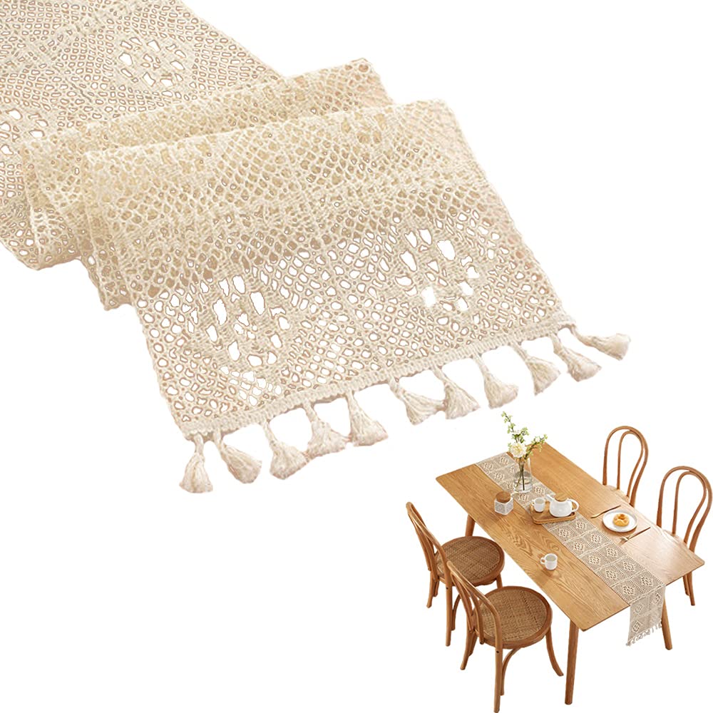 Chemin de table macramé en dentelle au crochet haut de gamme couleur beige